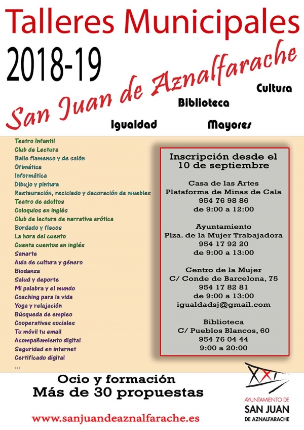 Más de 30 talleres de ocio y formación en el curso 2018-19 de San Juan de Aznalfarache