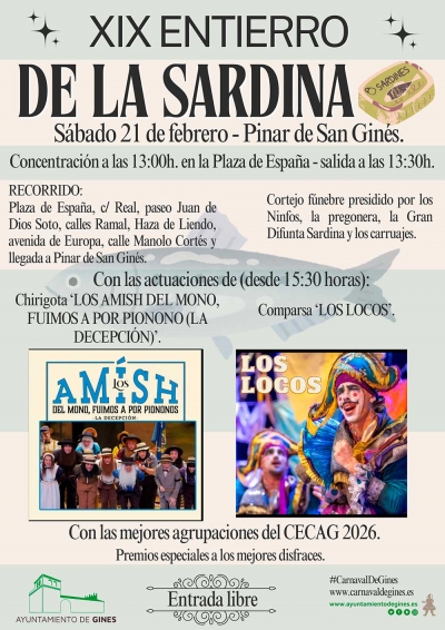 El Entierro de la Sardina trae este sábado 21 a Gines a la chirigota ‘Los Amish  del mono’ y la comparsa ‘Los Locos’