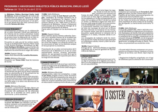 La X Semana del Libro de Salteras estar&aacute; centrada en los encuentros con autores como Fernando G. Delgado o Antonio Rodr&iacute;guez Almod&oacute;var