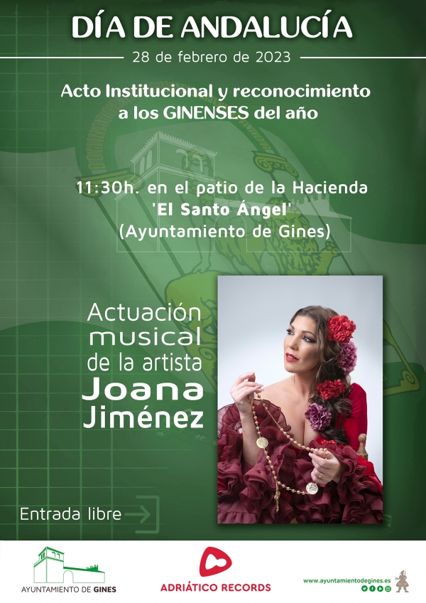 Gines celebra el martes 28 el Día de Andalucía con la entrega de reconocimientos a los Ginenses del Año y un concierto de Joana Jiménez