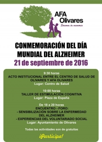 La Asociaci&oacute;n de Familiares de Enfermos de Alzheimer de olivares organiza actos el d&iacute;a 21 de septiembre de 2016: d&iacute;a mundial del alzheimer